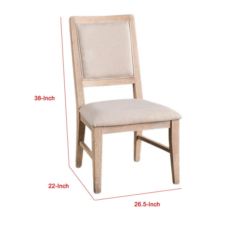 Benjara Ellon Side Dining Chair Set of 2, Distressed Natural Brown Wood, Beige Fabric