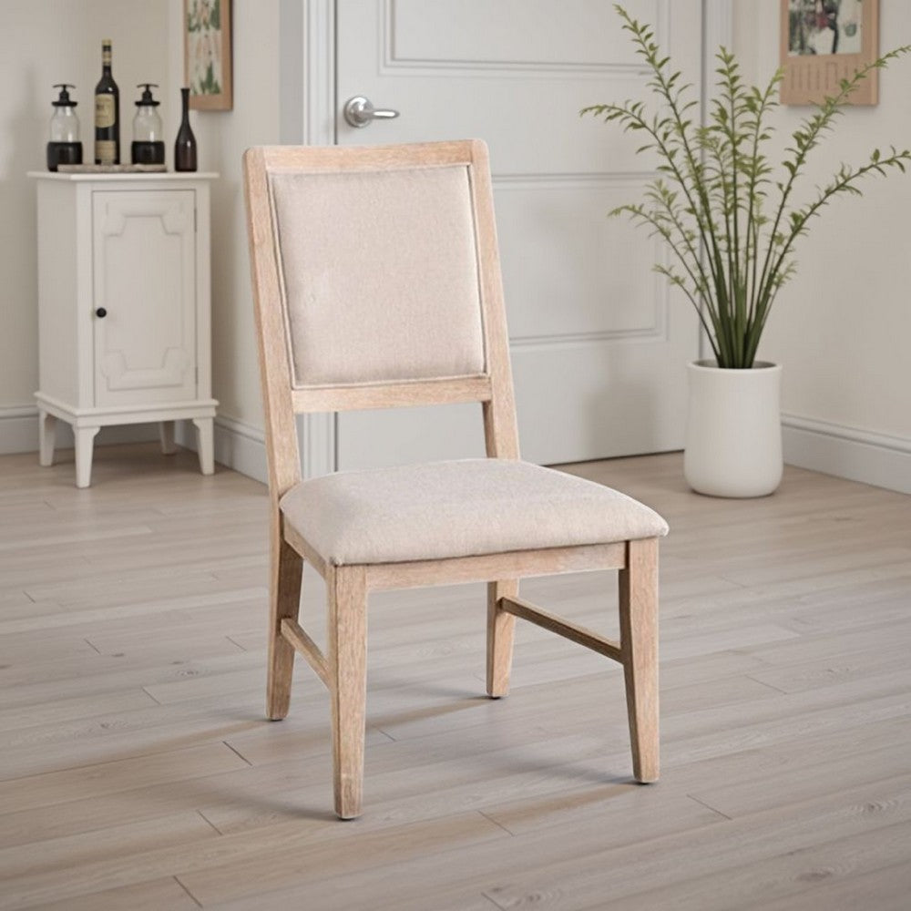 Benjara Ellon Side Dining Chair Set of 2, Distressed Natural Brown Wood, Beige Fabric