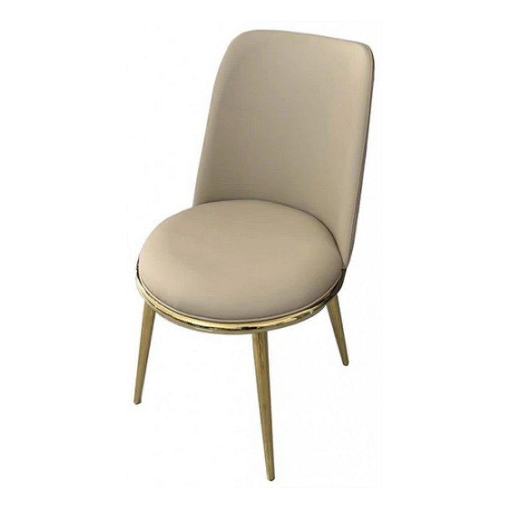 Benjara Relli Side Dining Chair Set of 2, Gold Metal, Taupe Faux Leather, Round Seats