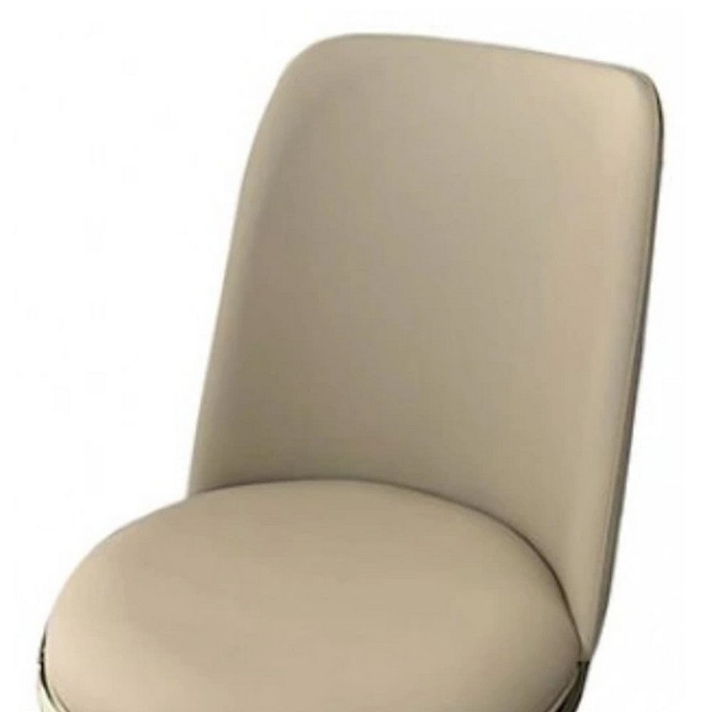 Benjara Relli Side Dining Chair Set of 2, Gold Metal, Taupe Faux Leather, Round Seats
