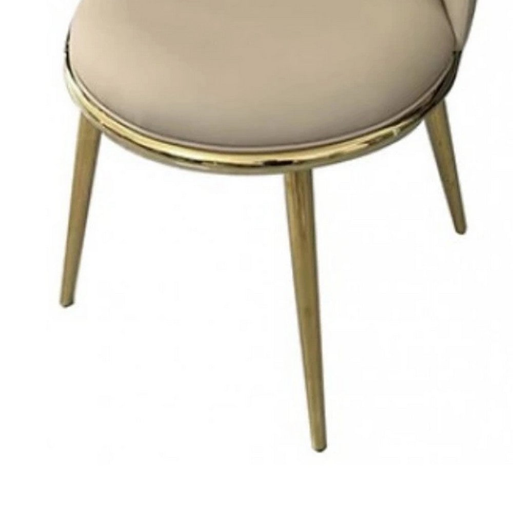 Benjara Relli Side Dining Chair Set of 2, Gold Metal, Taupe Faux Leather, Round Seats