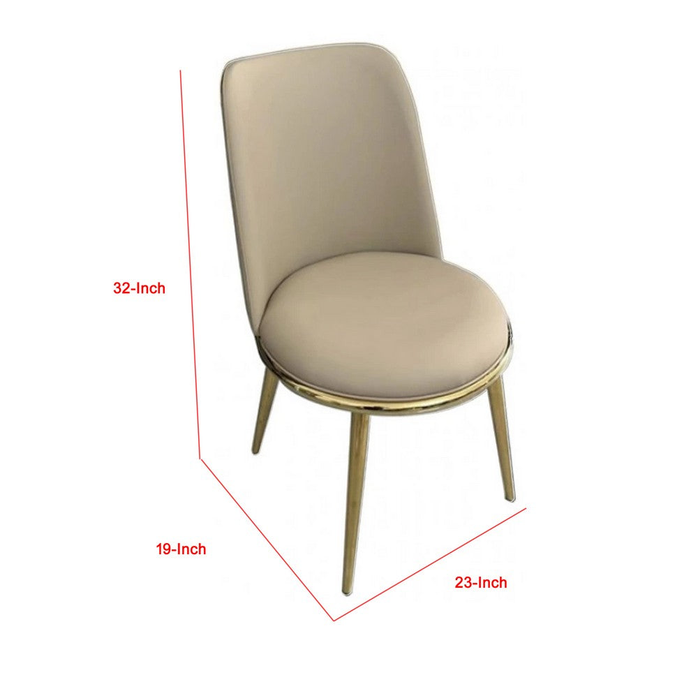 Benjara Relli Side Dining Chair Set of 2, Gold Metal, Taupe Faux Leather, Round Seats