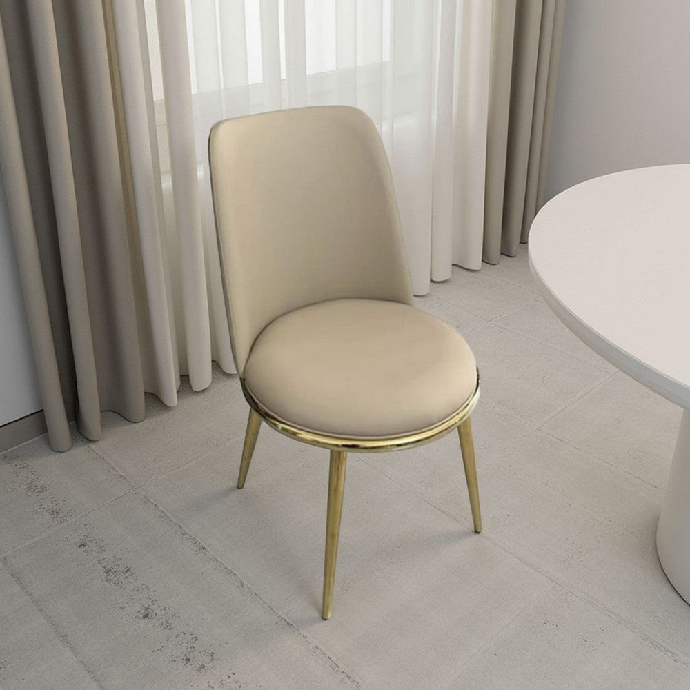 Benjara Relli Side Dining Chair Set of 2, Gold Metal, Taupe Faux Leather, Round Seats