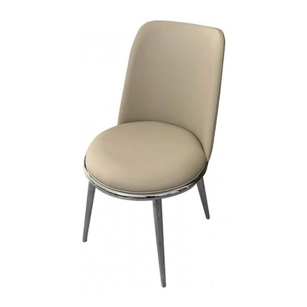 Benjara Relli Side Dining Chair Set of 2, Silver Metal, Taupe Faux Leather Round Seats
