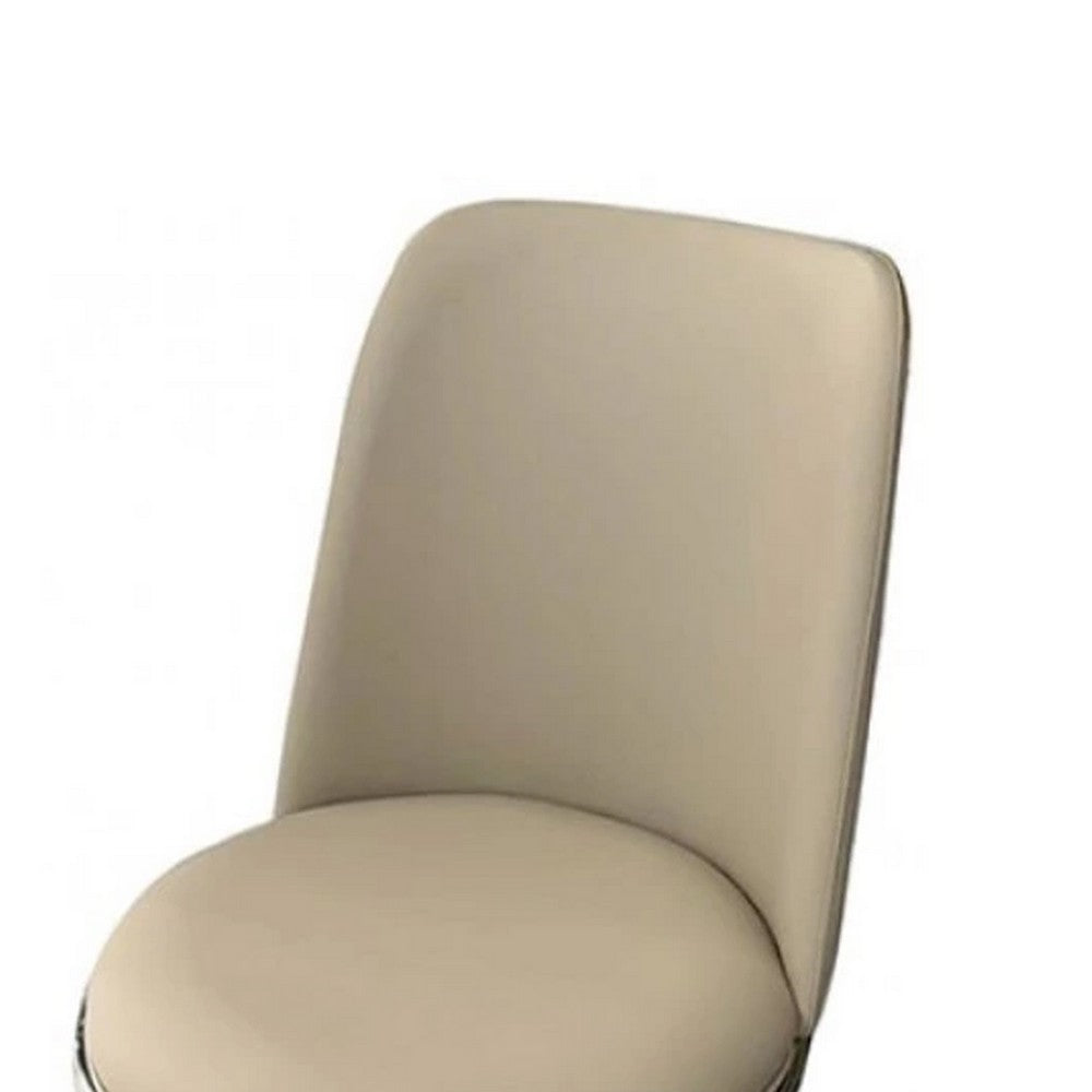 Benjara Relli Side Dining Chair Set of 2, Silver Metal, Taupe Faux Leather Round Seats