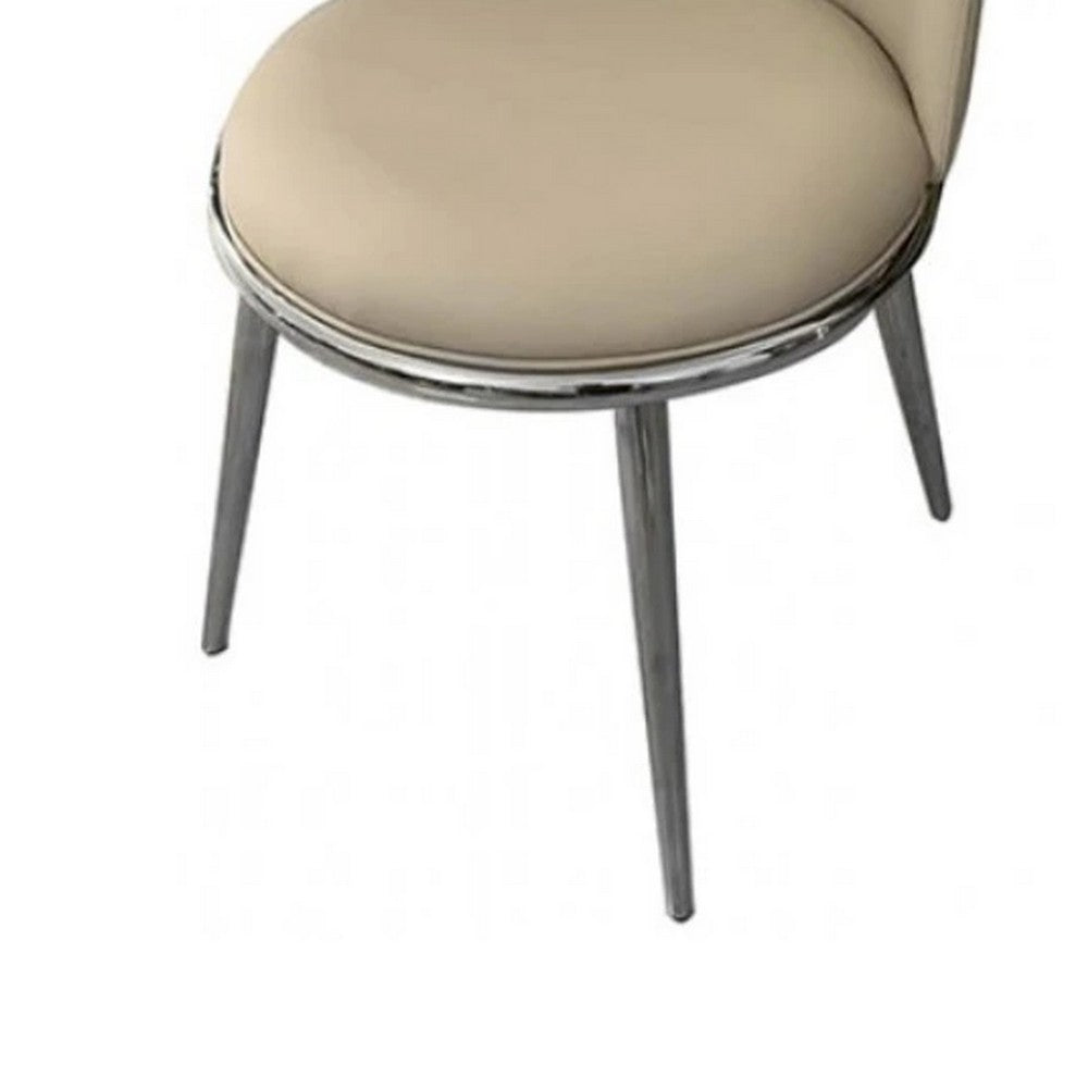 Benjara Relli Side Dining Chair Set of 2, Silver Metal, Taupe Faux Leather Round Seats
