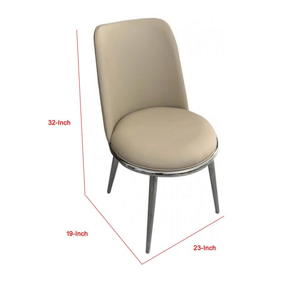 Benjara Relli Side Dining Chair Set of 2, Silver Metal, Taupe Faux Leather Round Seats