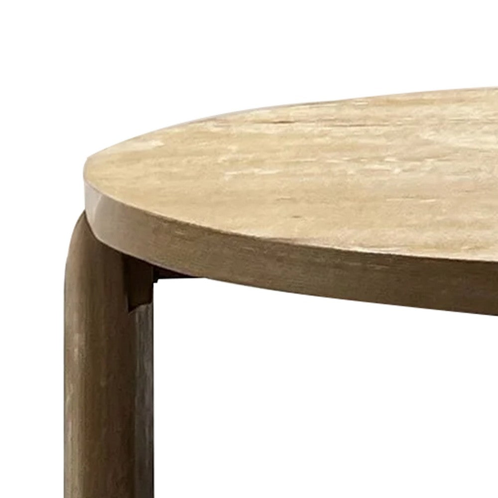 Benjara Timore Cocktail Coffee Table, Round 42 Inch Oak Brown Wood Top, Plinth Base