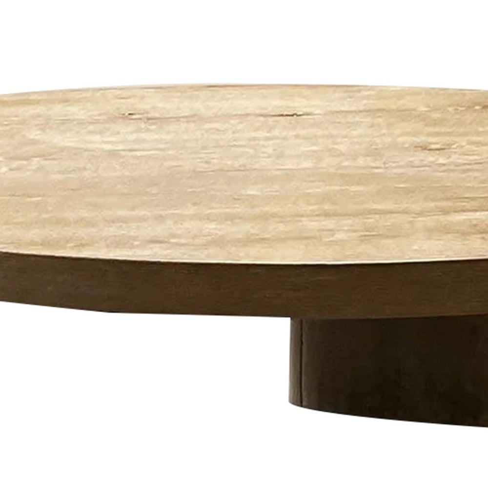 Benjara Timore Cocktail Coffee Table, Round 42 Inch Oak Brown Wood Top, Plinth Base