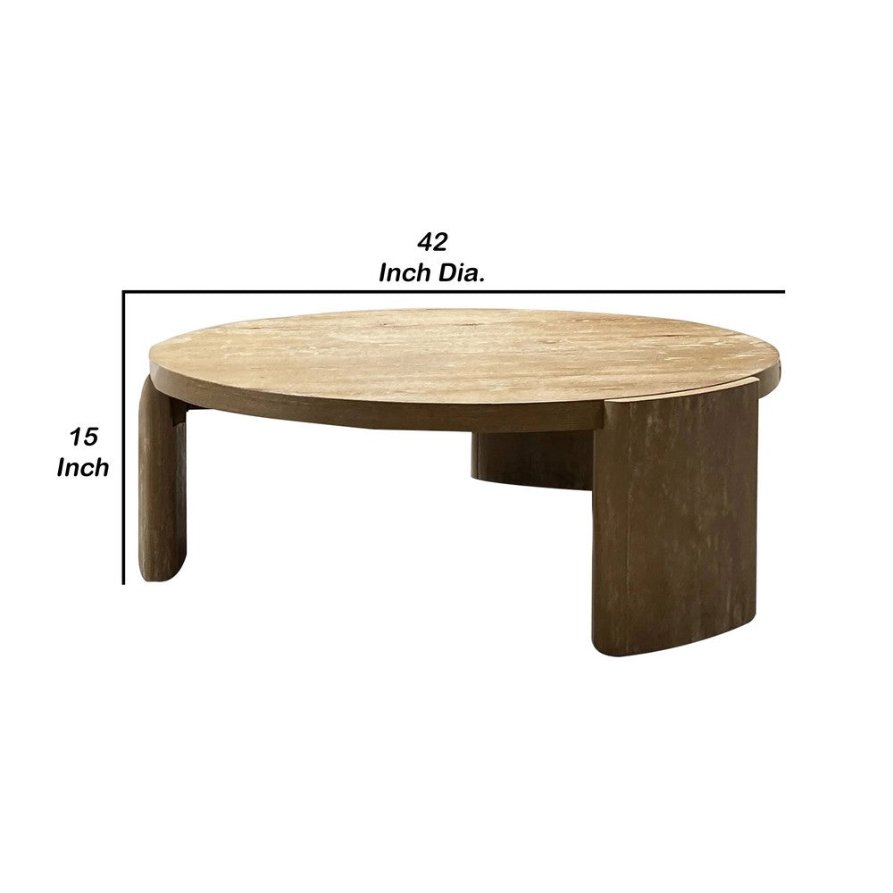 Benjara Timore Cocktail Coffee Table, Round 42 Inch Oak Brown Wood Top, Plinth Base