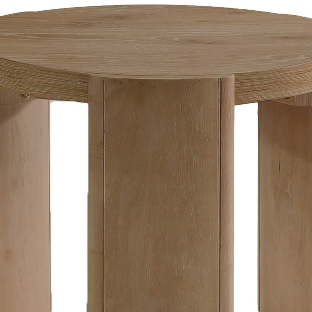 Benjara Timore End Table, Round 20 Inch Oak Brown Wood Top, Plinth Base