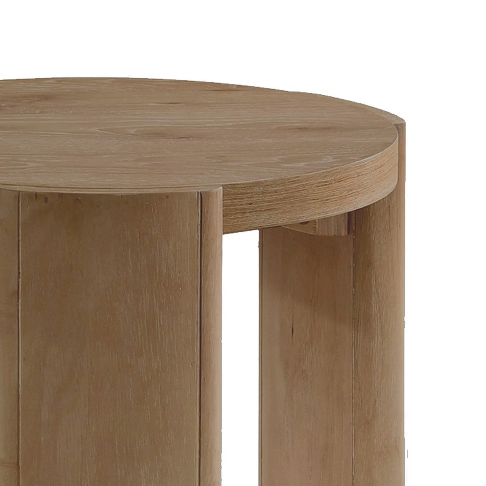 Benjara Timore End Table, Round 20 Inch Oak Brown Wood Top, Plinth Base