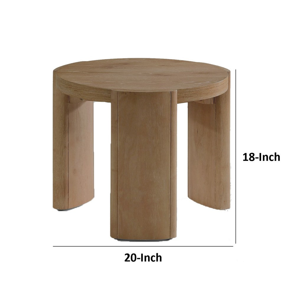 Benjara Timore End Table, Round 20 Inch Oak Brown Wood Top, Plinth Base