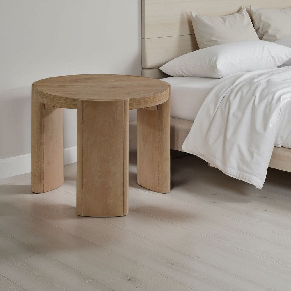 Benjara Timore End Table, Round 20 Inch Oak Brown Wood Top, Plinth Base