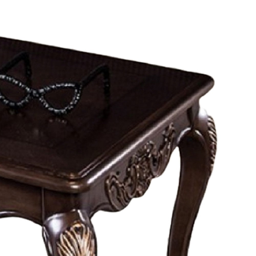 Benjara Astor Coffee Table, 52 Inch Dark Cherry Brown Wood, Carved Details
