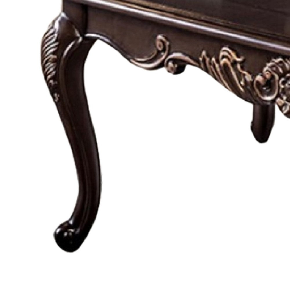 Benjara Astor Coffee Table, 52 Inch Dark Cherry Brown Wood, Carved Details