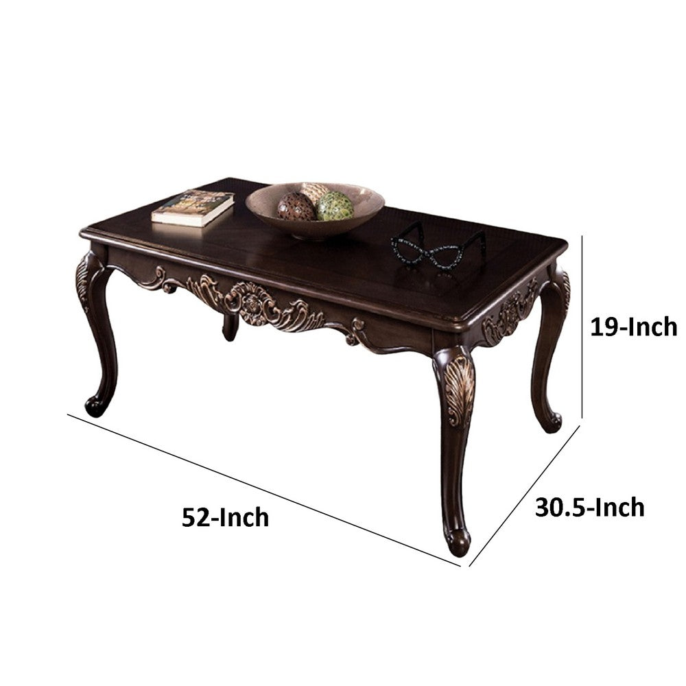Benjara Astor Coffee Table, 52 Inch Dark Cherry Brown Wood, Carved Details