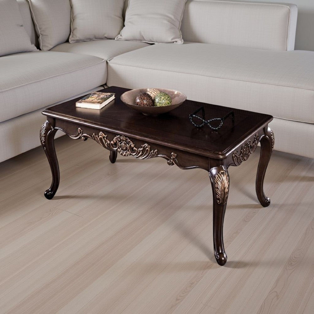 Benjara Astor Coffee Table, 52 Inch Dark Cherry Brown Wood, Carved Details