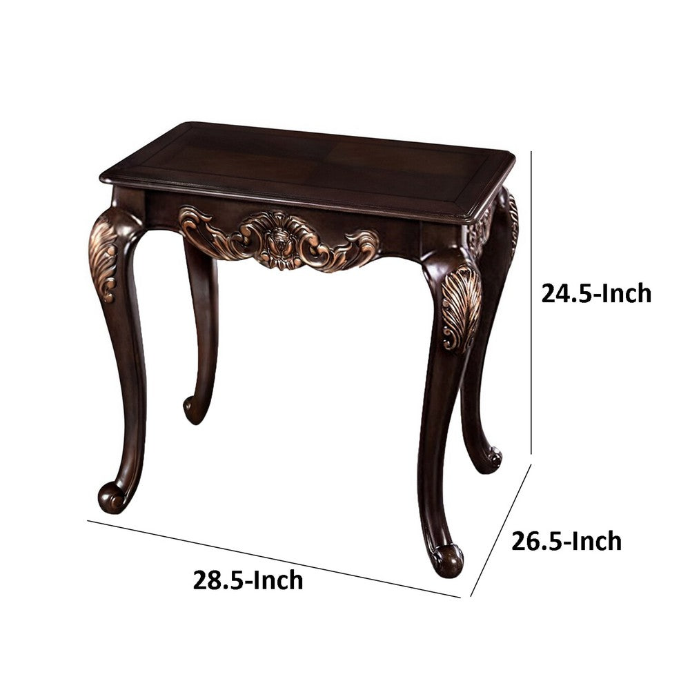 Benjara Astor End Table, 29 Inch Dark Cherry Brown Wood, Carved Details