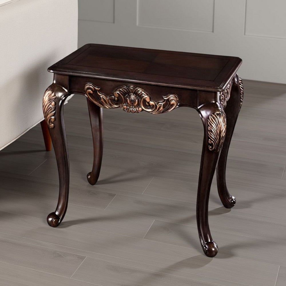 Benjara Astor End Table, 29 Inch Dark Cherry Brown Wood, Carved Details