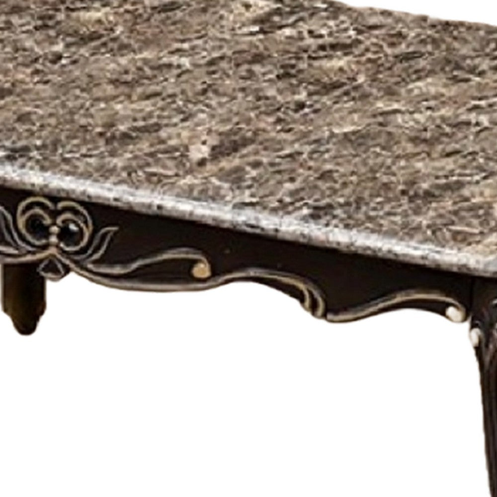 Benjara Ery Coffee Table, Dark Walnut Brown Wood, Carved Details, 48 Inch