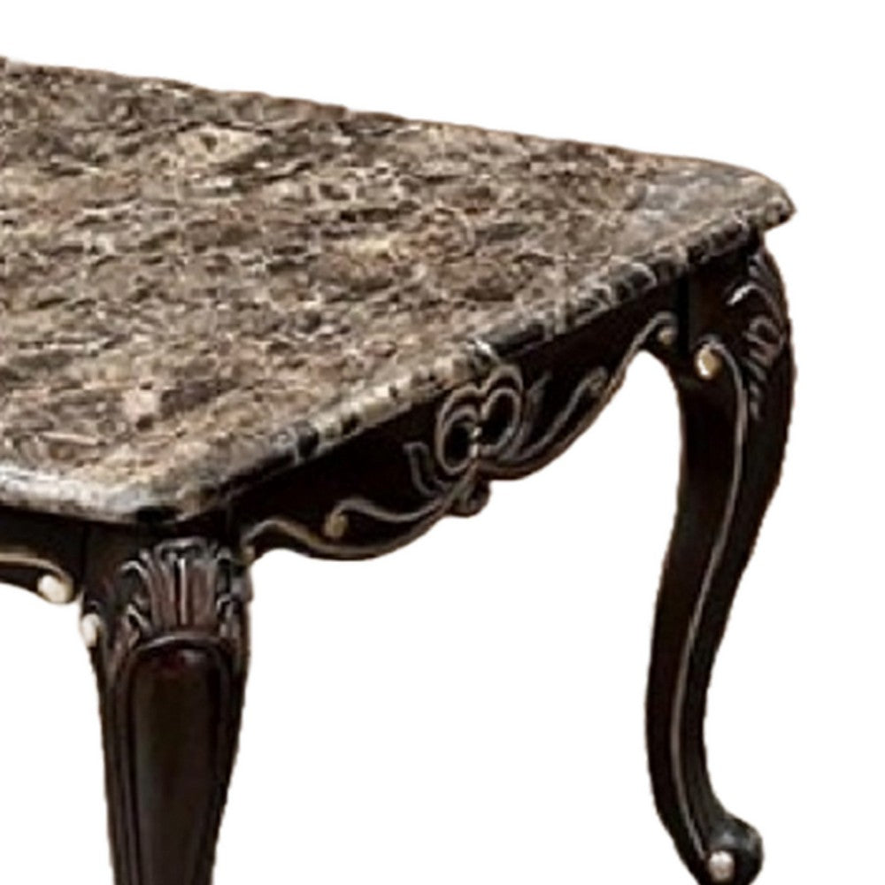 Benjara Ery Coffee Table, Dark Walnut Brown Wood, Carved Details, 48 Inch