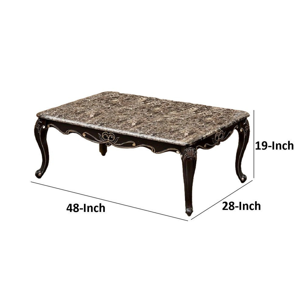 Benjara Ery Coffee Table, Dark Walnut Brown Wood, Carved Details, 48 Inch