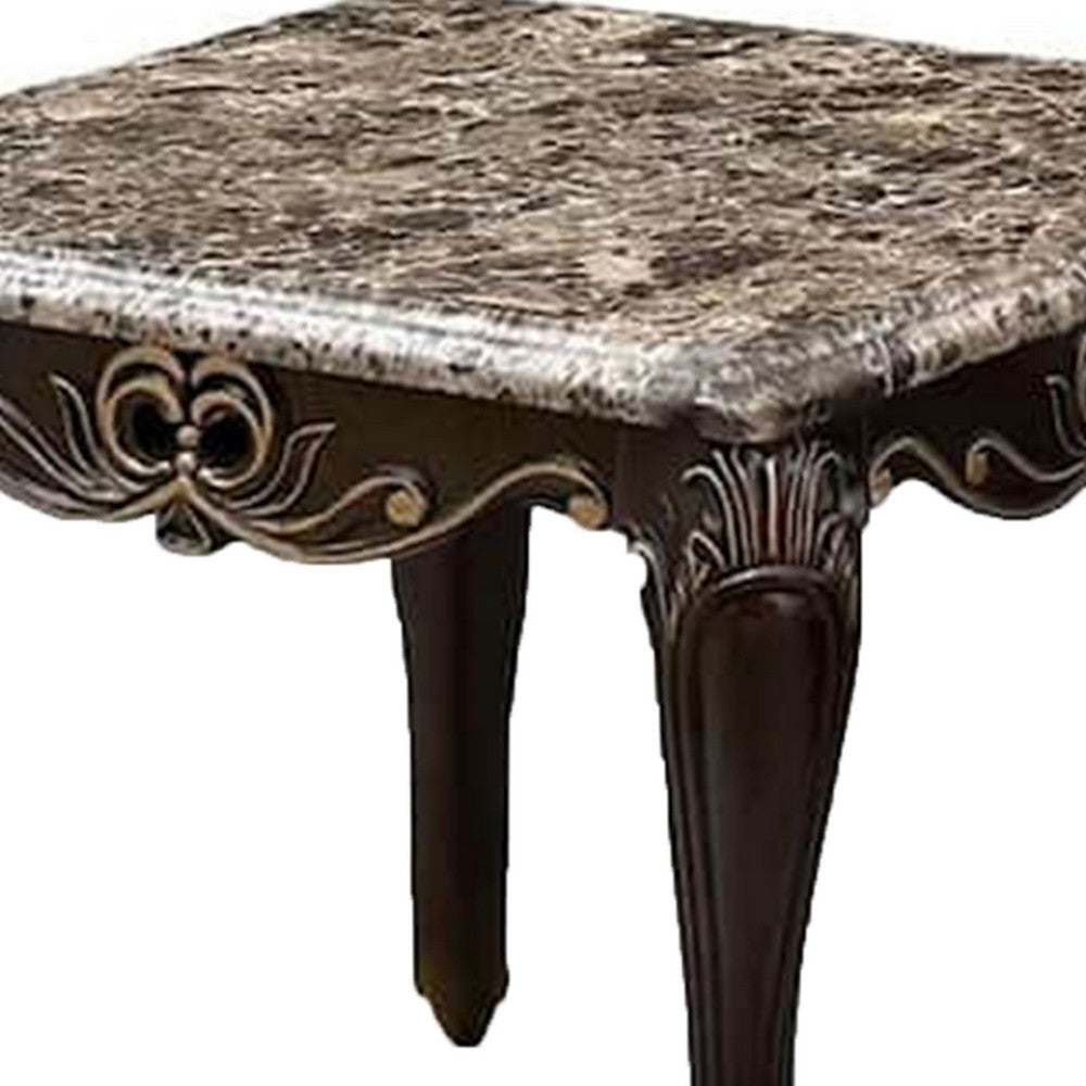 Benjara Ery End Table, Dark Walnut Brown Wood, Carved Details, 28 Inch