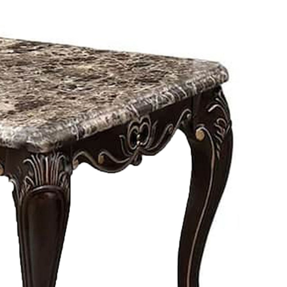 Benjara Ery End Table, Dark Walnut Brown Wood, Carved Details, 28 Inch
