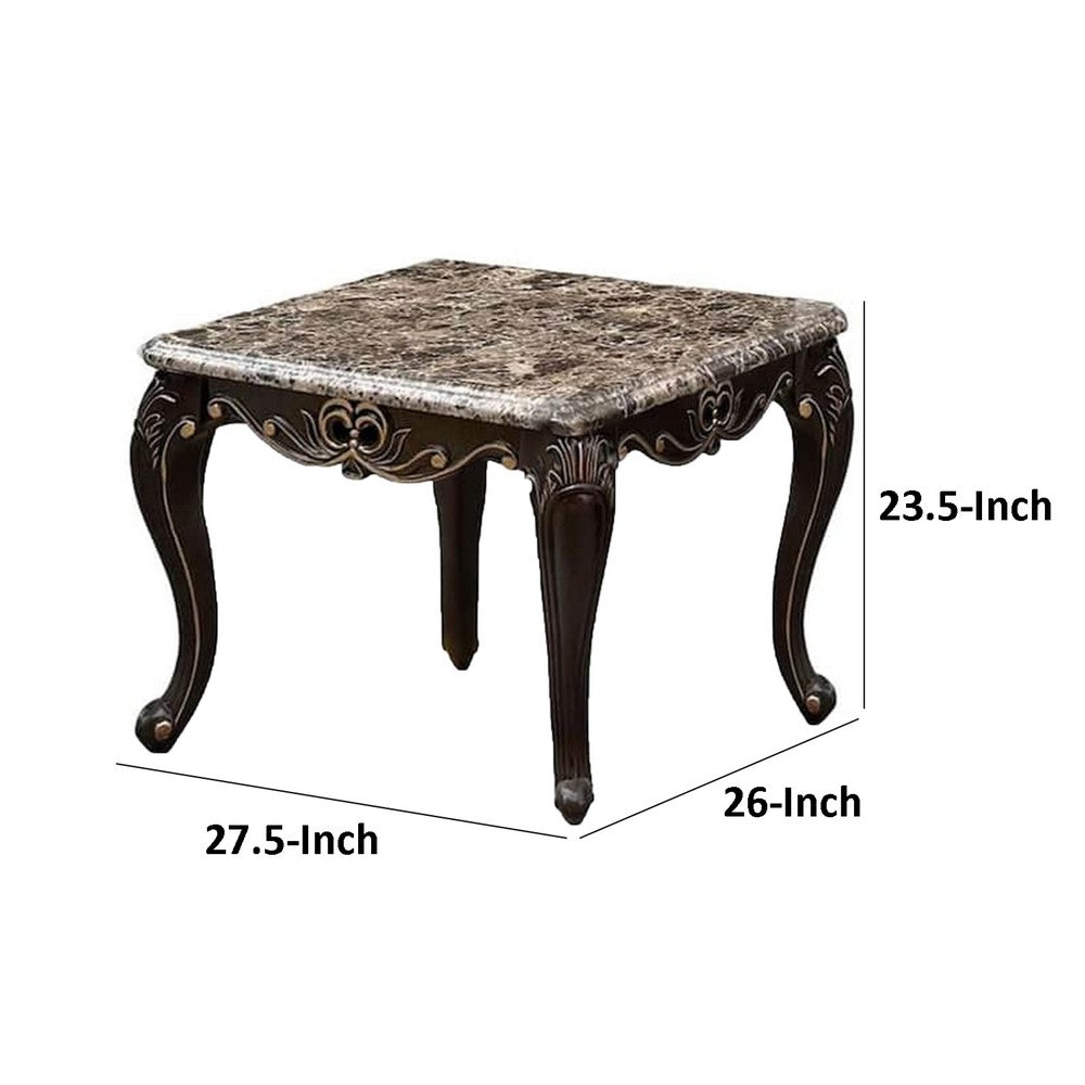 Benjara Ery End Table, Dark Walnut Brown Wood, Carved Details, 28 Inch