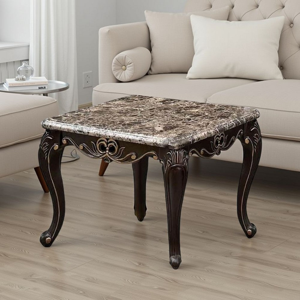 Benjara Ery End Table, Dark Walnut Brown Wood, Carved Details, 28 Inch