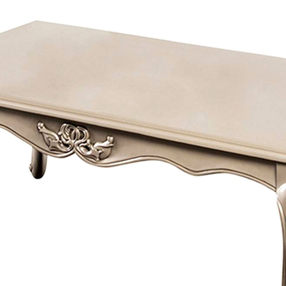 Benjara Ery Coffee Table, Champagne Wood Frame, Carved Details, 48 Inch
