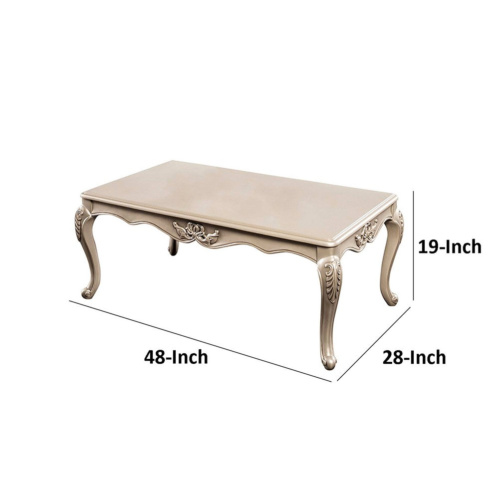 Benjara Ery Coffee Table, Champagne Wood Frame, Carved Details, 48 Inch