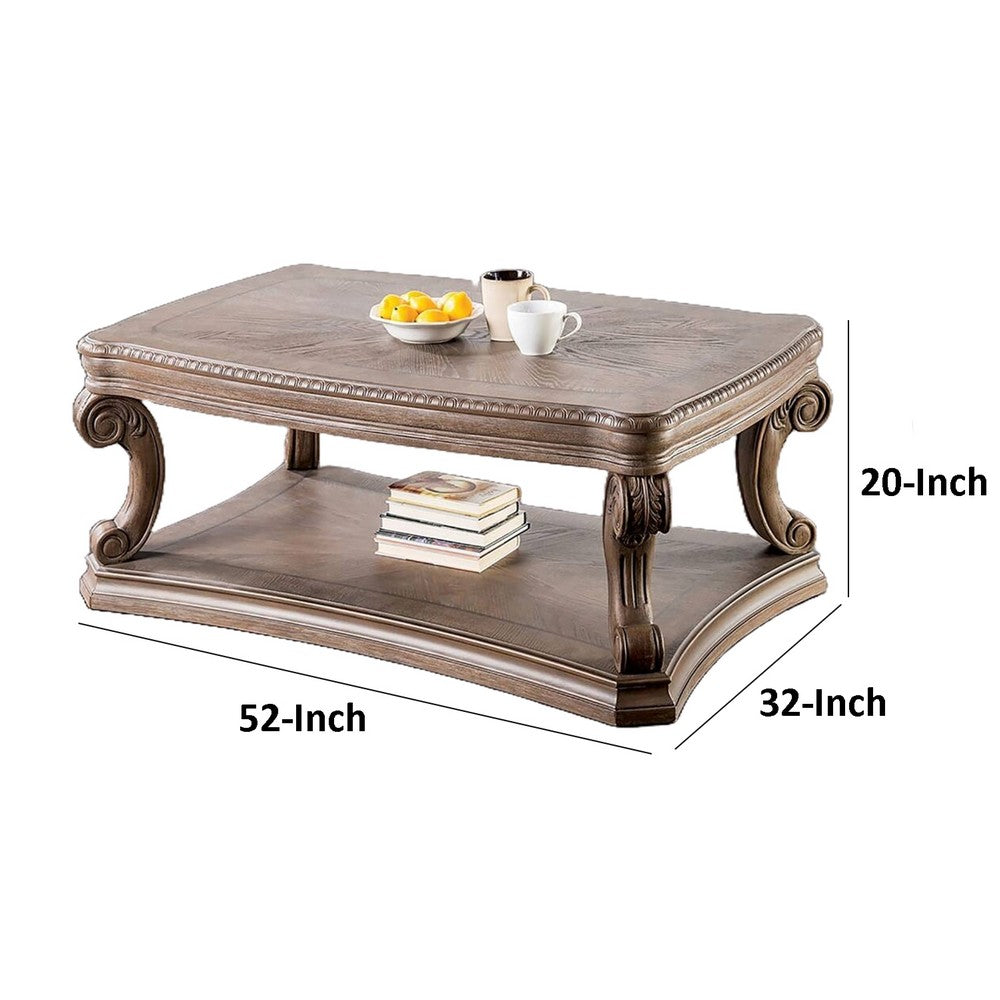 Benjara Olane Coffee Table, Weathered Oak Brown Wood, Rustic Farmhouse 52 Inch