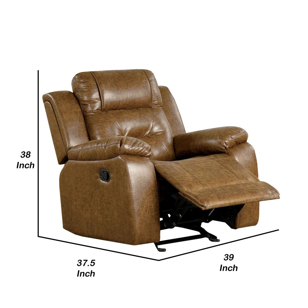 Benjara Kius Manual Recliner Chair, Brown Faux Leather, Pillow Top Arms