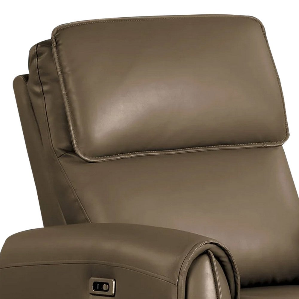 Benjara Sily Power Recliner Chair, Light Brown Faux Leather, Contoured Arms