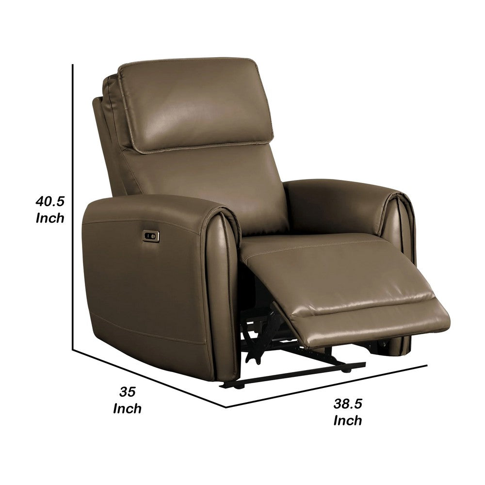 Benjara Sily Power Recliner Chair, Light Brown Faux Leather, Contoured Arms