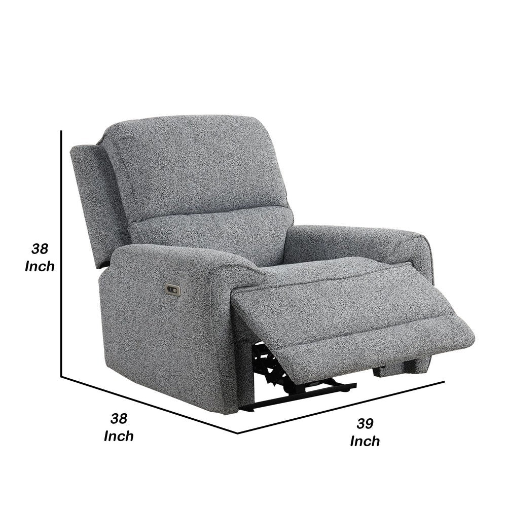 Benjara Cote Power Recliner Chair, Gray Boucle, Pillow Top Arms, Solid Wood