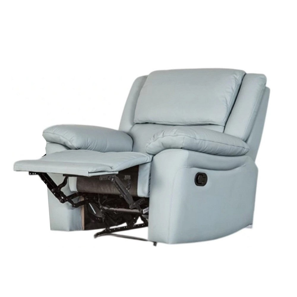 Benjara Larus Manual Recliner Chair, Powder Blue Leather Match, Pillow Arms