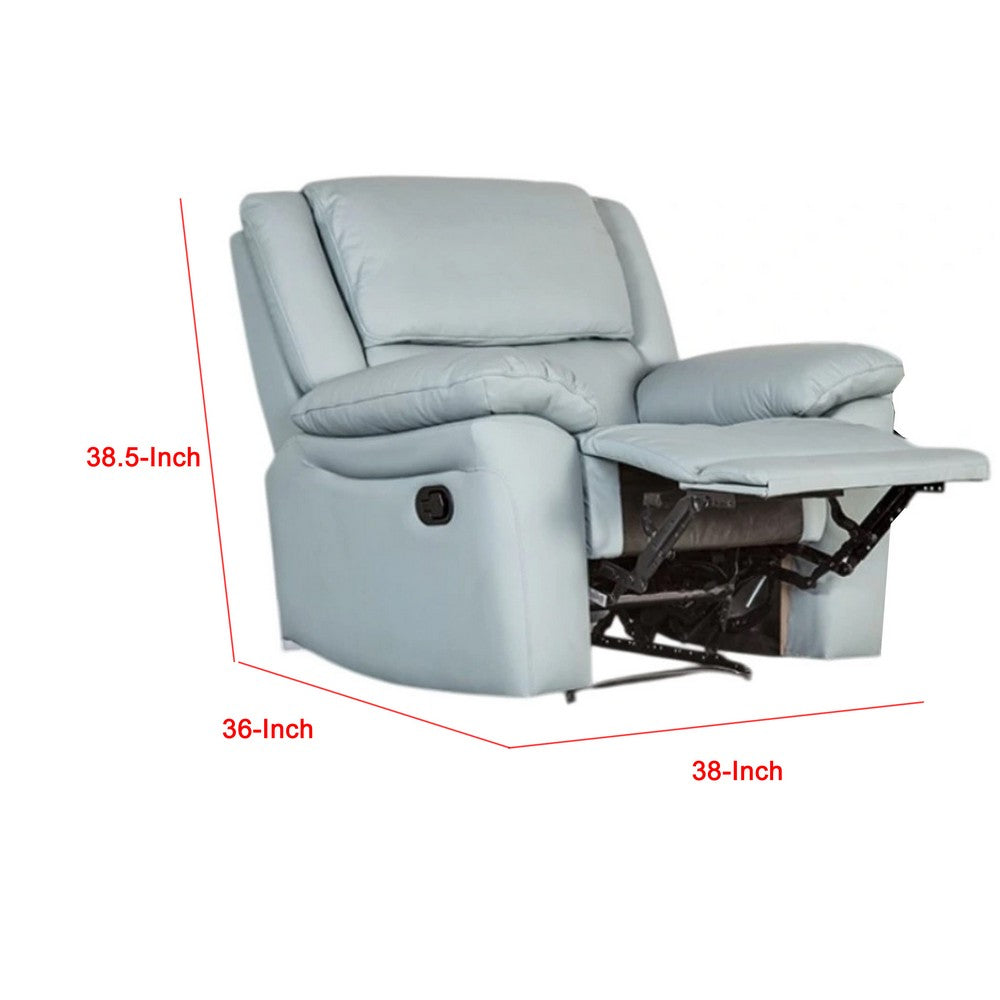 Benjara Larus Manual Recliner Chair, Powder Blue Leather Match, Pillow Arms
