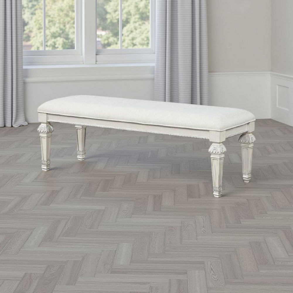 Benjara Miamy Bench, Cream White Wood Frame, Textured Fabric, 55 Inch