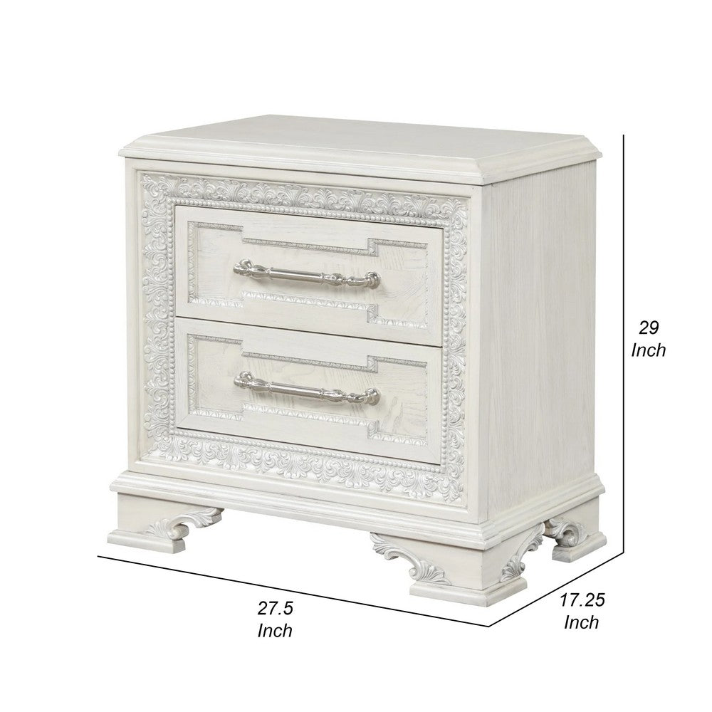Benjara Miamy Nightstand, USB, 2 Drawers, Cream White Wood, 29 Inch