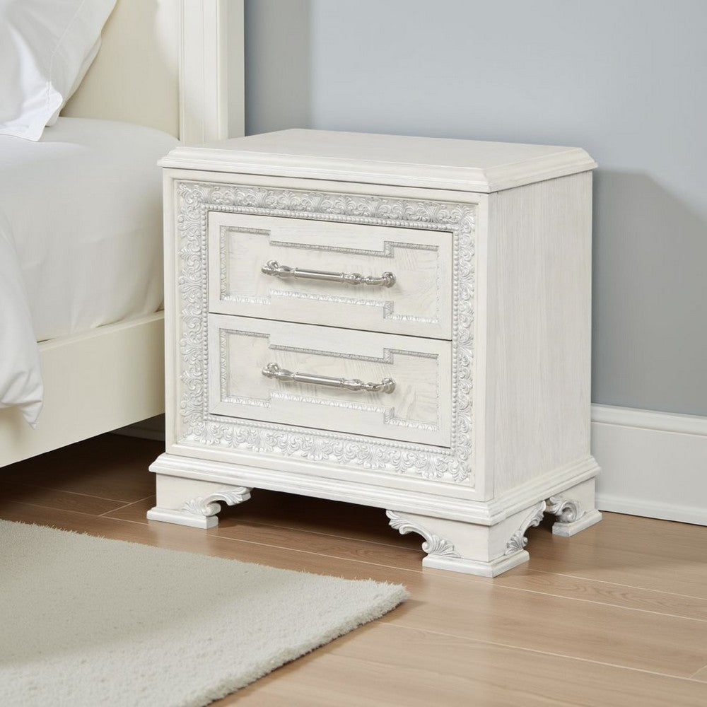Benjara Miamy Nightstand, USB, 2 Drawers, Cream White Wood, 29 Inch