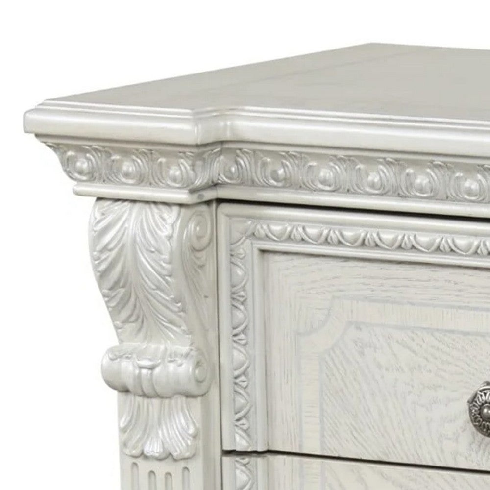 Benjara Naddy Nightstand, 2 Drawers, USB, Wire Brushed White Wood, 30 Inch