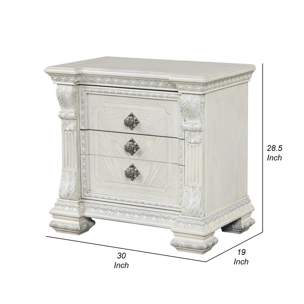 Benjara Naddy Nightstand, 2 Drawers, USB, Wire Brushed White Wood, 30 Inch