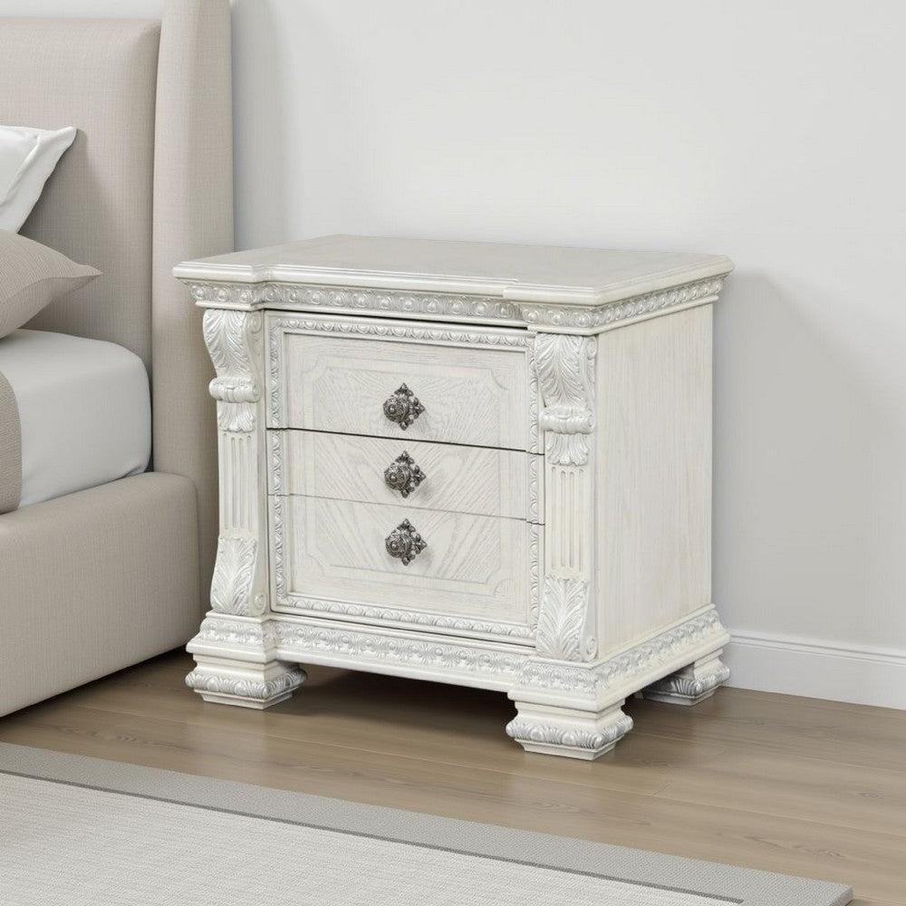 Benjara Naddy Nightstand, 2 Drawers, USB, Wire Brushed White Wood, 30 Inch