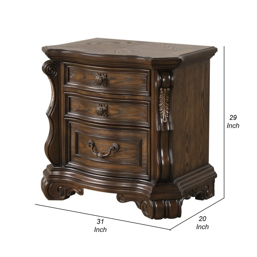 Benjara Leova Nightstand, 2 Drawers, USB A-C, 31 Inch Dark Brown Wood
