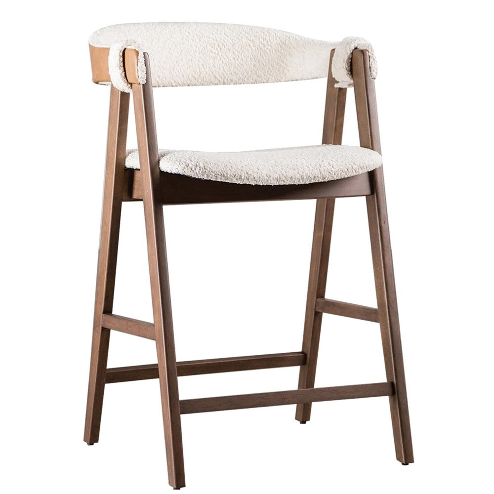 Benjara Ebik Counter Stool Chair Set of 2, Walnut Brown Wood, Beige Boucle