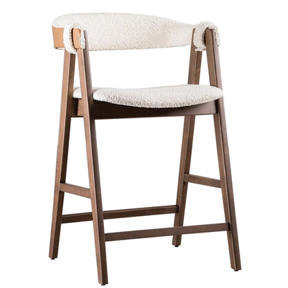 Benjara Ebik Counter Stool Chair Set of 2, Walnut Brown Wood, Beige Boucle