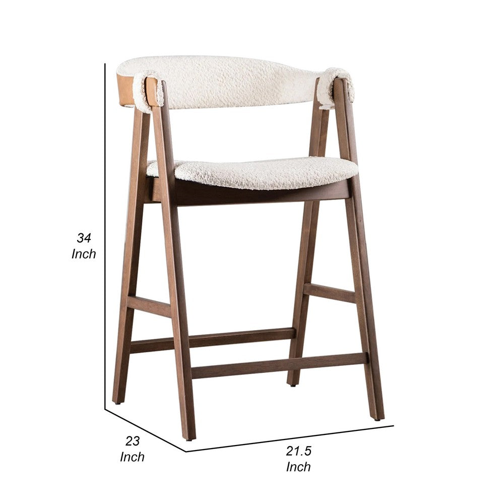 Benjara Ebik Counter Stool Chair Set of 2, Walnut Brown Wood, Beige Boucle